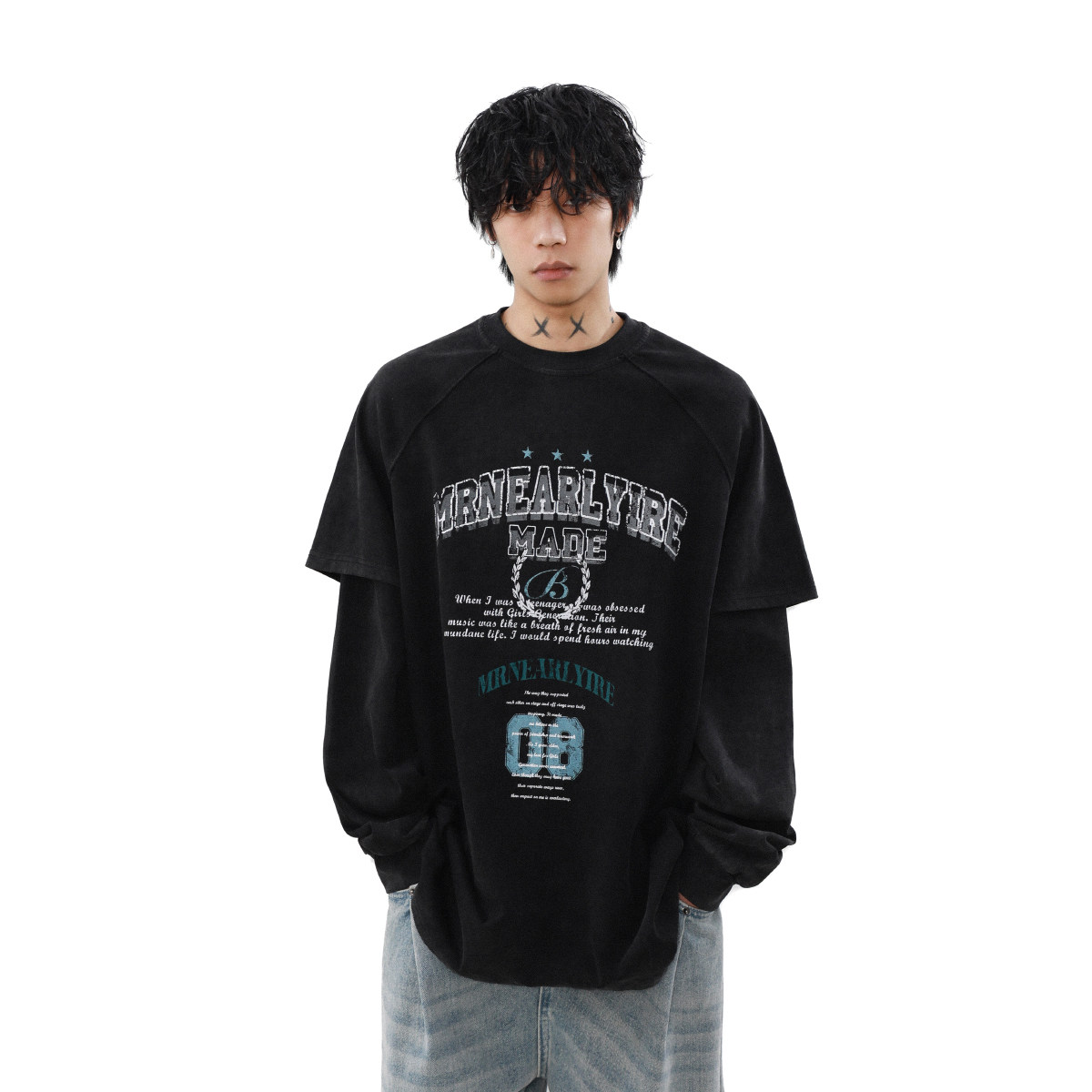 MRNEARLY美式复古假两件长袖T恤