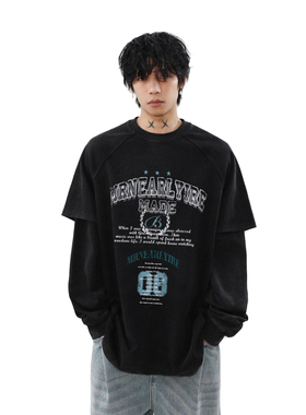 MRNEARLY美式复古字母印花假两件长袖T恤男女宽松百搭拼接上衣潮