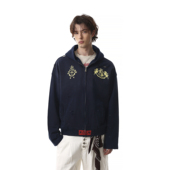 MRNEARLY美式 复古潮牌印花连帽卫衣男宽松破洞设计感拉链外套