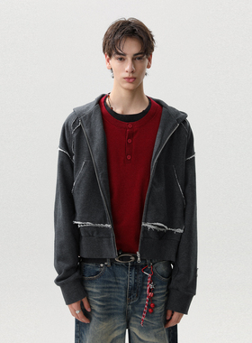 MRNEARLY解构反裁剪拼接美式高街连帽卫衣男开衫短款痞帅秋季外套