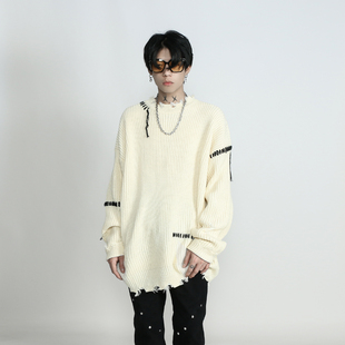 MRNEARLY小众设计感缝线高街破洞毛衣男秋冬慵懒风美式复古针织衫