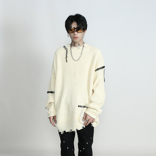 MRNEARLY小众设计感缝线高街破洞毛衣男秋冬慵懒风美式复古针织衫