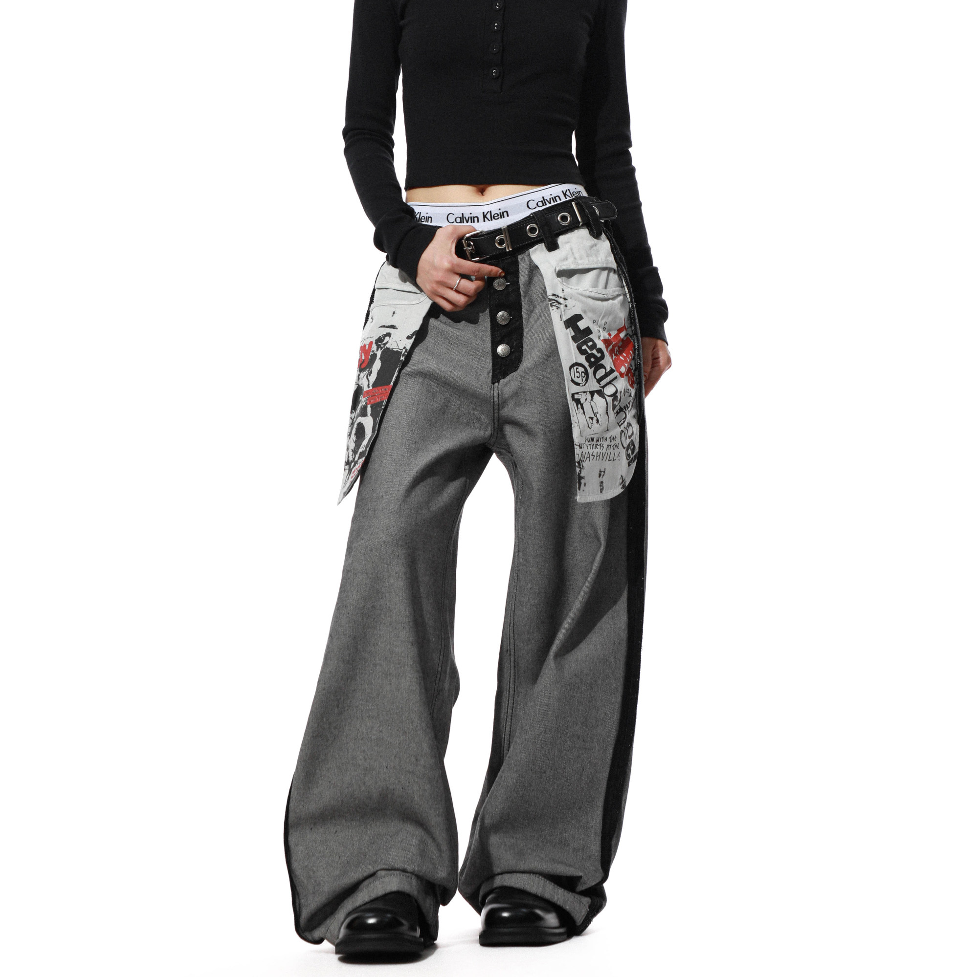 美式复古拼接设计直筒裤