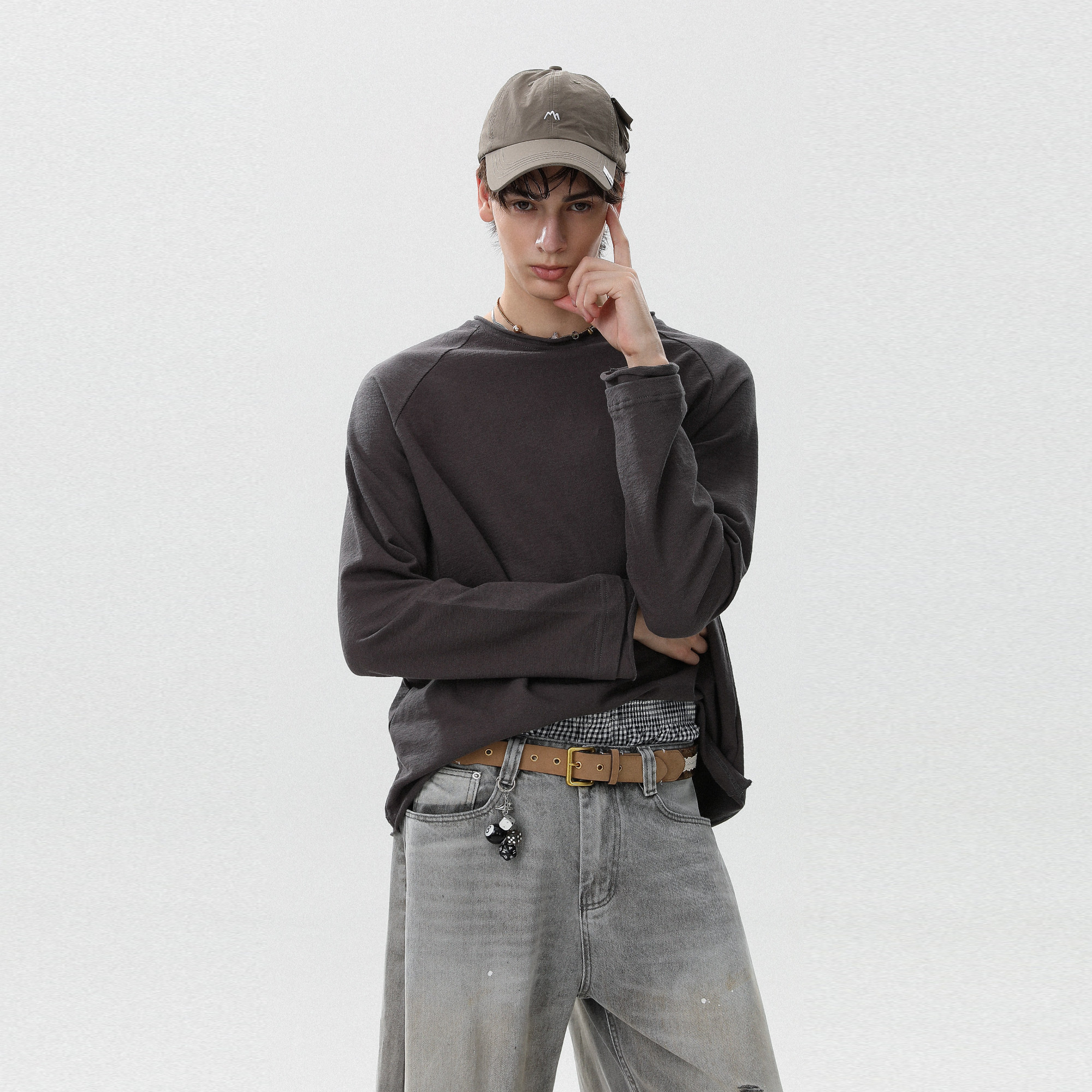 美式复古水洗做旧长袖t恤