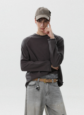 MRNEARLY美式复古水洗做旧长袖t恤男秋季休闲百搭情侣上衣潮