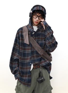 MRNEARLY美式复古格子连帽衬衫男长袖高级感情侣休闲宽松秋季外套