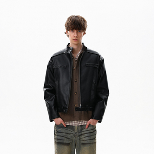 MRNEARLY美式复古痞帅机车皮衣羽绒服男女短款立领三防夹克外套