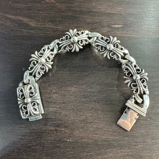 花魁silver 925纯银做旧十字花守护者手链欧美朋克风摇滚情侣手环