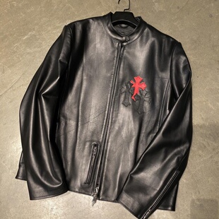 花魁silver 925纯银定制黑红三十字满背十字架进口胎牛皮机车皮衣