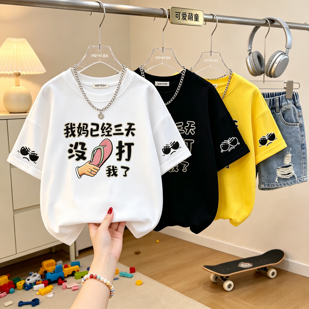 我妈三天没打我夏季儿童短袖T恤趣味卡通动画印花男女童小童上衣