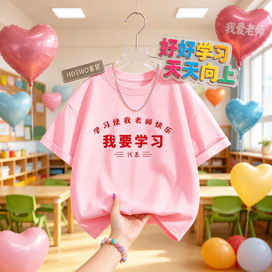 我要学习开学季男女童衣服短袖棉T恤百搭小众儿童趣味印花上衣