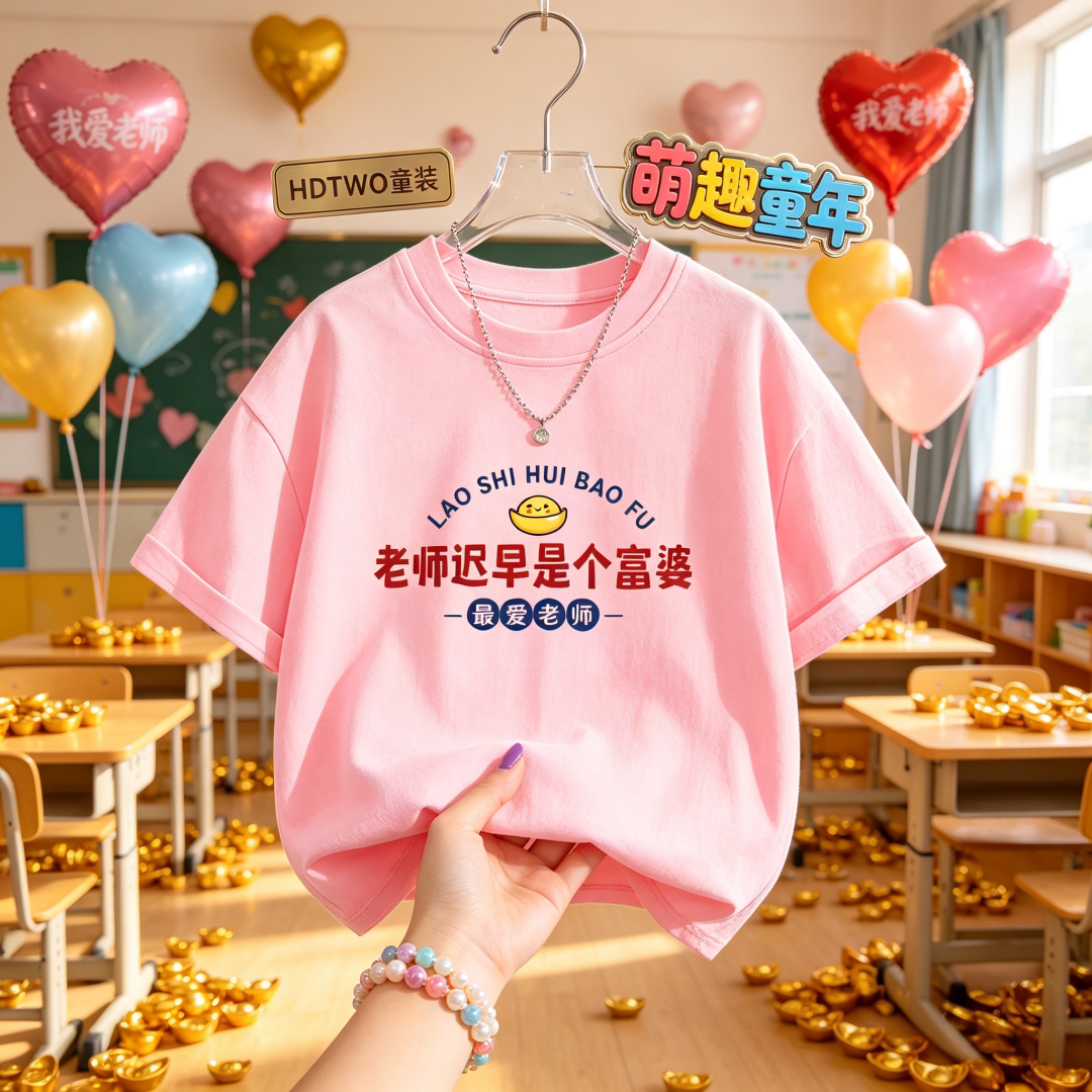 老师迟早是富婆男女童衣服短袖棉T恤百搭小众儿童趣味印花上衣