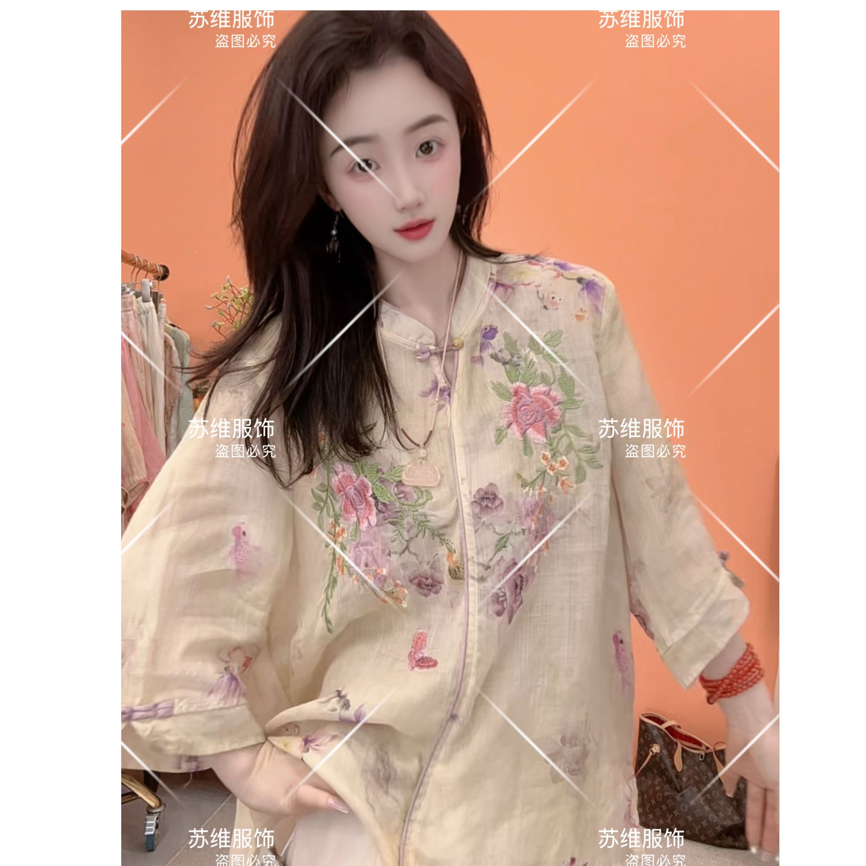8186夏季新款苎麻中式立领刺绣中袖清凉气质时尚上衣