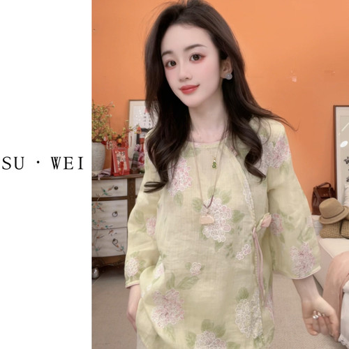 新中式苎麻夏季刺绣宽松七分袖斜襟圆领百搭衬衫9628