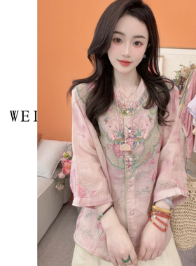 苏维原创新中式夏季苎麻刺绣宽松斜襟圆领百搭衬衫1555