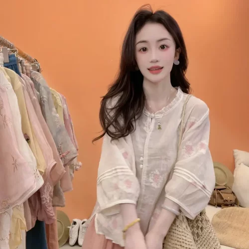 苏维原创100%苎麻高端刺绣小衫衬衫汉服20796