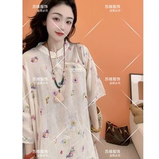 2239夏季 甜美宽松设计感连衣裙 苎麻刺绣薄款 中国风衬衫