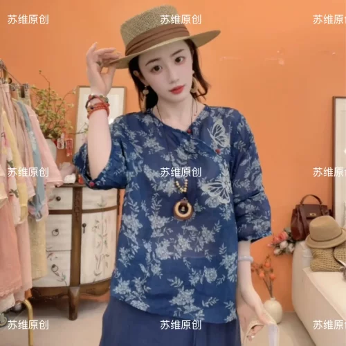 【古韵风华】新中式苎麻100%夏季刺绣宽松圆领斜襟百搭衬衫0002