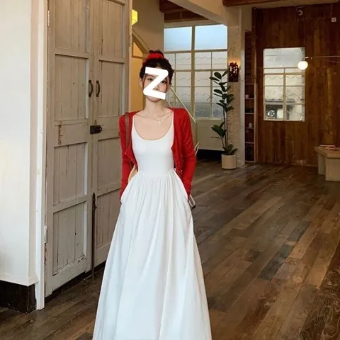 冰丝开衫夏季收腰白色连衣裙a字显瘦套装白月光吊带女温柔风长裙