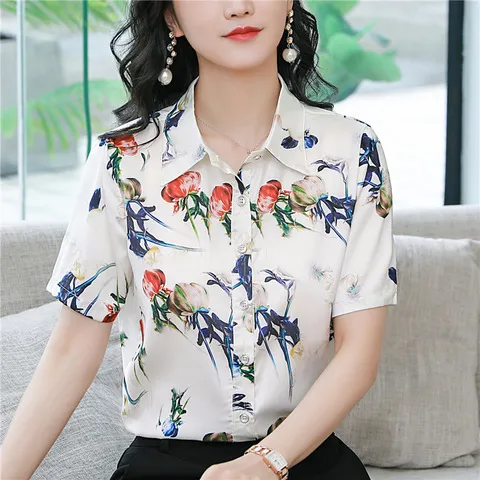 时尚高端缎面短袖桑蚕丝2025衬衫上衣新款印花洋气重磅大簰女真丝