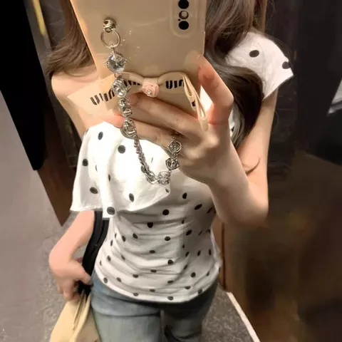 设计感女背心短袖chic法式上衣辣妹修身荷叶边外穿波点斜肩甜夏季