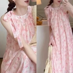夏季 法式 吊帶無袖 海邊粉色 碎花子女2025度假連衣裙新款