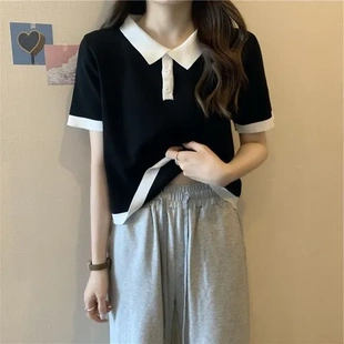 辣妹短款 女polo衫 显瘦正韩版 白色小众T恤2024短袖 肩上衣 新款 夏季