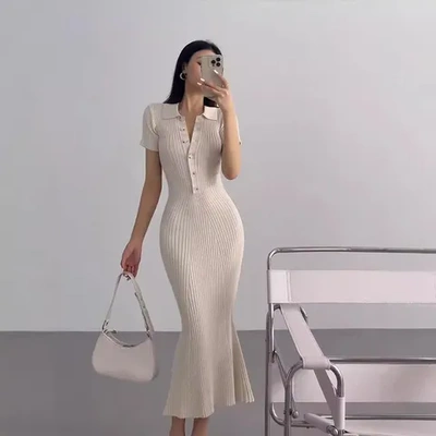 包臀裙通勤连衣裙修身短袖女polo秋长款针织紧身气质御姐风夏鱼尾