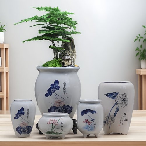中式陶瓷多肉花盆带底座