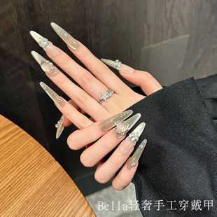 新款 轻奢高级感手工穿戴甲裸色爆闪堆钻猫眼温柔气质显白美甲贴片