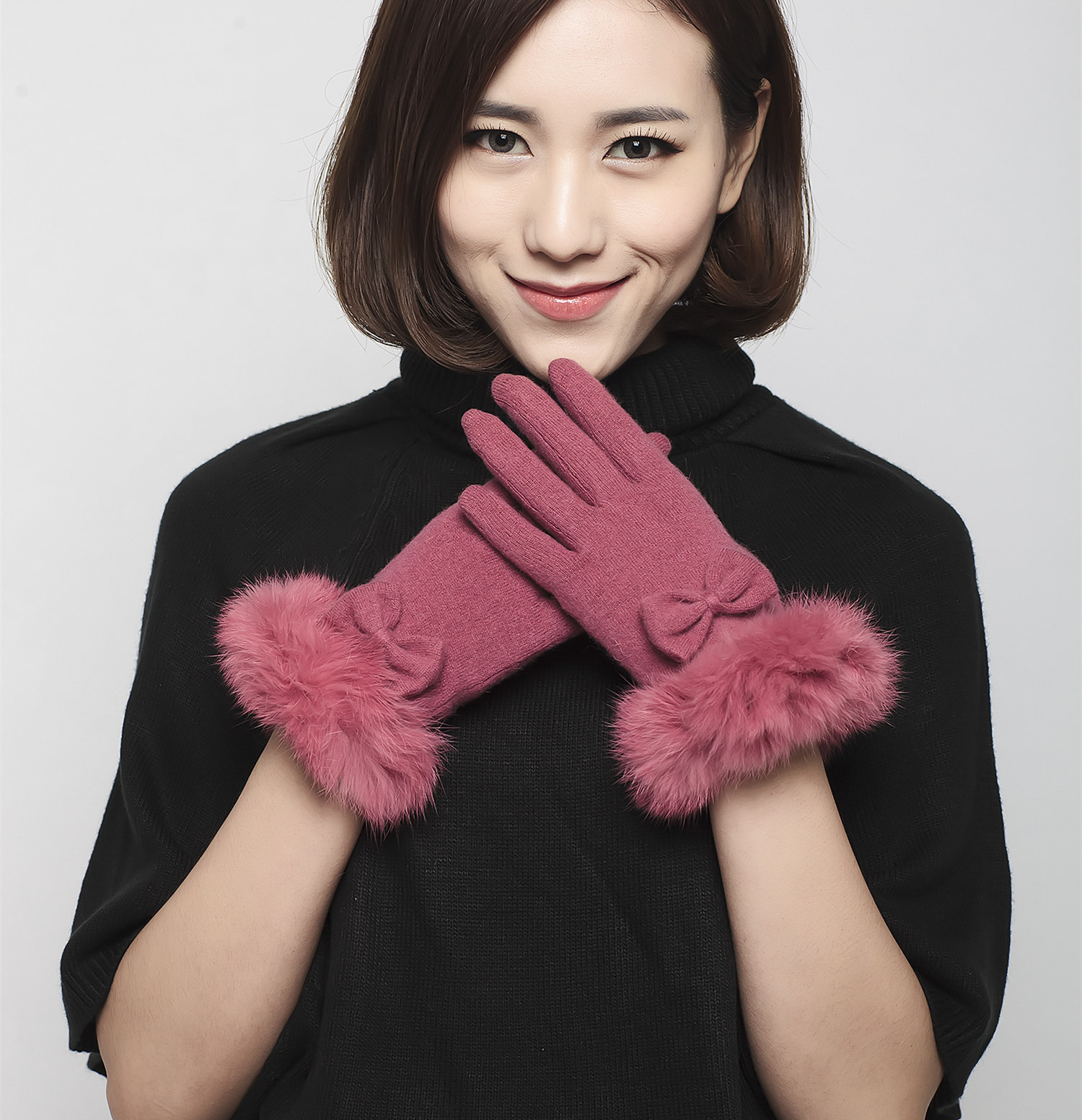 AUTUMN AND WINTER NEW WOMENS WOOL KNITTED GLOVES REAL RABBIT FUR MOUTH TO KEEP WARM AND COLD [ ]