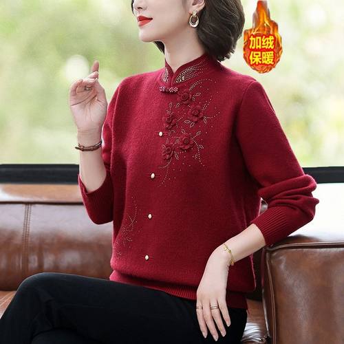 中老年女装新款妈妈装加绒加厚打底衫一体绒上衣旗袍奶奶装加大码