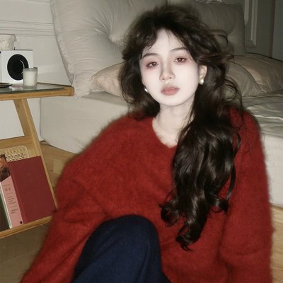 新年圣诞红色套头毛衣女2025冬季新款宽松慵懒高级打底针织衫上衣