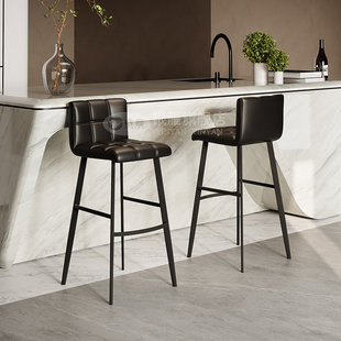 劳伦斯吧台椅家用 意式极简真皮高脚椅 岛台椅 黑色餐椅前台椅子
