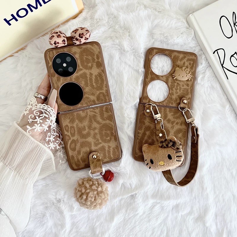 日韩皮质kt猫适用华为pocket2折叠屏手机壳小米mixflip硬壳三星zflip6手绳OPPO Find N3Flip挂件荣耀vivo个性