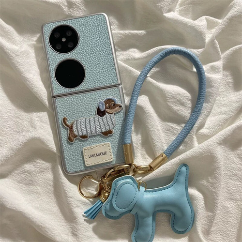 高级感刺绣腊肠狗适用华为pocket2折叠屏手机壳小米mixflip翻盖新款三星zflip6/5挂绳挂件oppofindn3flip皮纹