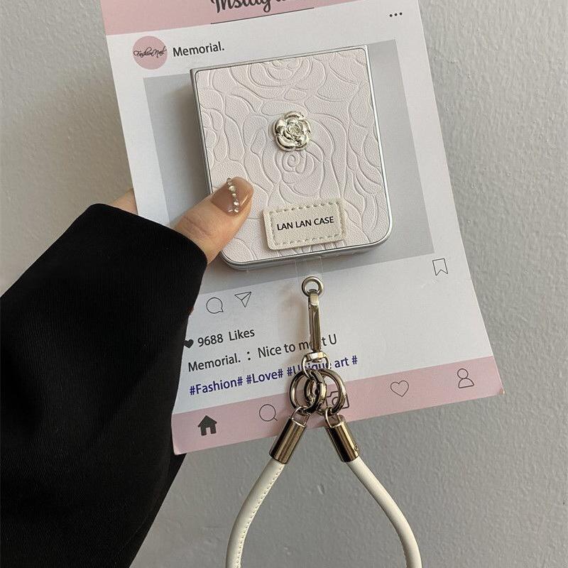 新款皮质山茶花适用华为pocket2折叠屏手机壳OPPO Find N3 Flip荣耀三星zflip5/6手绳小米mixflip防摔xflip女