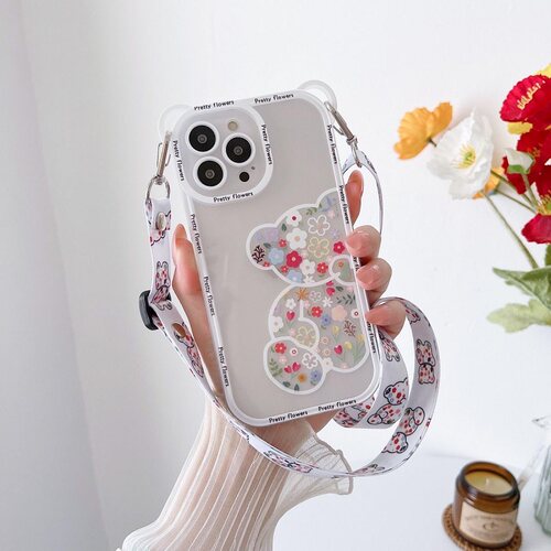 个性花朵小熊适用iPhone16/15ProMax手机壳苹果17斜挎挂绳13/14透明软壳个性创意