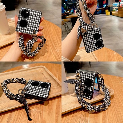日韩皮质黑白千鸟格手提丝巾链条适用华为pocket2手机壳vivo X Flip宝盒折叠屏翻盖防摔OPPO Find N3 Flip女