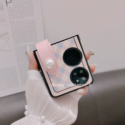 ins菱格皮纹适用华为pocket 2手机壳新款奢华珍珠腕带pockets女款手提带p50pocket折叠屏保护套