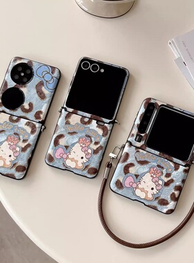 网红豹纹kt猫适用华为Pura X折叠屏手机壳pocket 2小米mixflip2手绳三星zflip7全包OPPOFindN3Flip荣耀vivo女