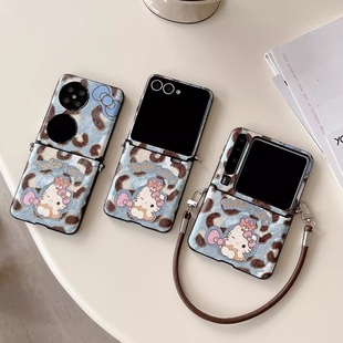 网红豹纹kt猫适用华为Pura 2小米mixflip2手绳三星zflip7全包OPPOFindN3Flip荣耀vivo女 X折叠屏手机壳pocket