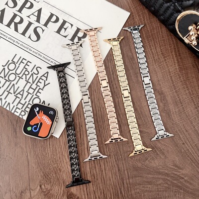 气质适用iwatch9小香风金属链式带钻苹果手表87456表带高级感se女