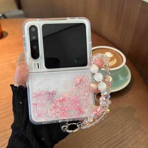 网红流沙流动粉色蝴蝶结适用华为Pura X折叠屏手机壳pocket2手链小米mixflip三星zflip7OPPOFindN3Flip荣耀女