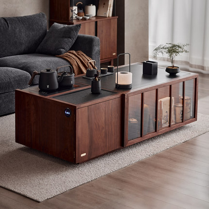 色格实木升降煮茶茶几新中式家用黑胡桃木岩板茶台一体智能泡茶桌