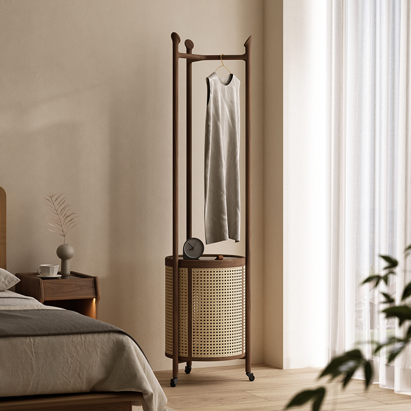 脏衣篓黑胡桃木藤编带轮