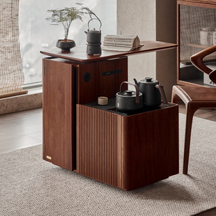 色格实木旋转茶桌茶台黑胡桃木家用客厅沙发边柜可移动茶水柜茶车