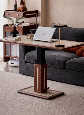 色格实木升降茶几黑胡桃木家用客厅中古风洞石边几小户型茶台桌