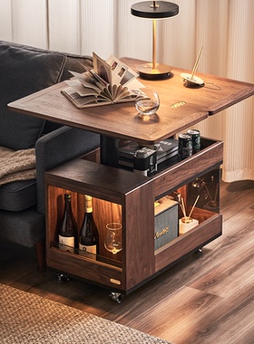 实木升降边几可移动小推车巴士边几黑胡桃木客厅书房旋转沙发边柜