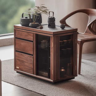 色格实木茶桌茶台黑胡桃木可移动茶车烧水茶室阳台泡茶煮茶茶水柜